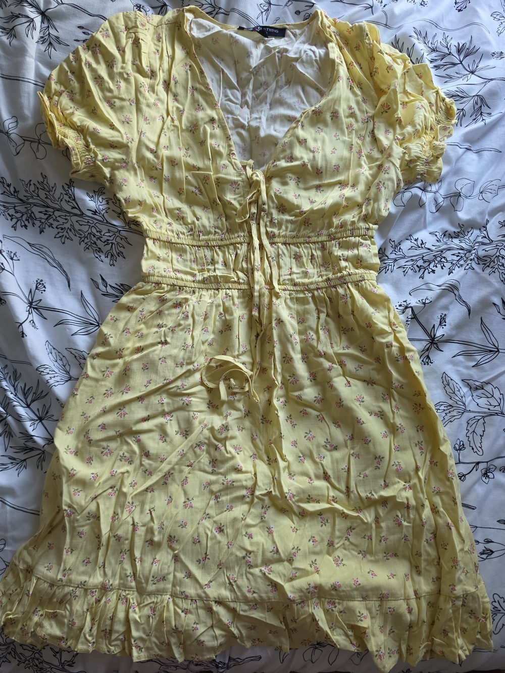 Yellow Floral Tie-Front Mini Dress with Smocked Waist